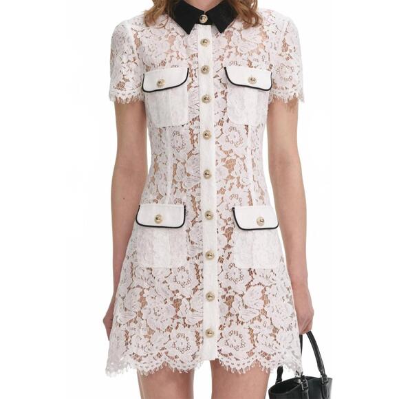 NEW SELF-PORTRAIT lace contrast collar mini dress in white - Picture 3 of 4